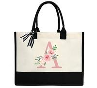 ZHONYEE Initial Canvas Beach Tote Bag Personalized Present Bag for Women Beach Bag with Waterproof Lining Inside for Wedding, Birthday, Holiday, Teacher - Pink A