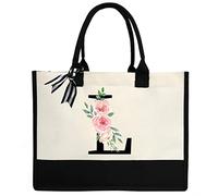 ZHONYEE Personalized Initial Canvas Tote Bag for Women,Monogrammed Gift Tote Bag Waterproof Lining Inside for Wedding, Birthday, Holiday -Black L