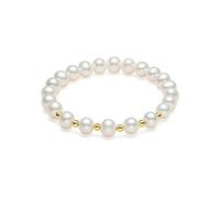 ZHOU LIU FU 18CT 750 Yellow Gold Beaded Bracelet White Freshwater Pearls Stretch Bracelets with Jewelry Box for Her Women Lady Girlfriend Wife Anniversary Birthday 16-19cm (6 Gold Beads)