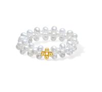 ZHOU LIU FU 18K Gold Freshwater Pearl Beads Ring 750 Gold Stretch Rings Adjustable for Women Wife Bridesmaid Mum Anniversary Wedding Birthday Gift (Double)