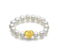 ZHOU LIU FU 18K Gold Freshwater Pearl Beads Ring 750 Gold Stretch Rings Adjustable for Women Wife Bridesmaid Mum Anniversary Birthday Gift