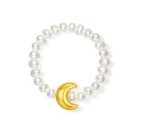 ZHOU LIU FU 18K Gold Freshwater Pearl Beads Ring 750 Gold Stretch Rings Adjustable for Women Wife Bridesmaid Mum Anniversary Wedding Birthday Gift (Moon)