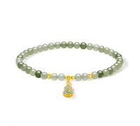 ZHOU LIU FU 24K Gold Beaded Bracelets Green Jade Gemstone Golden Gourd Charm Stretch Bracelet Healing Jewellery for Women Wife Mom Gifts Birthday Anniversary Valentine 17cm