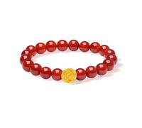 ZHOU LIU FU 24K Gold Beaded Bracelets Red Agate Gemstone Golden Rose Flower Charm Stretch Bracelet Healing Jewellery for Women Wife Mom Lover Gifts Mother Day Birthday Anniversary 17cm A1922941