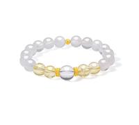 ZHOU LIU FU 24K Gold Beaded Bracelets White Crystal Gemstone Golden Citrine Stretch Bracelet Healing Jewellery for Women Wife Mom Gifts Birthday Anniversary Valentine 17cm