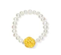 ZHOU LIU FU 24K Gold Flower Ring Pearls Beaded Rings 2.5-3.5mm Freshwater Pearl White Beads Stretch stackable Dainty Gold Jewelry for Women Mom Wedding Anniversary Birthday Gift Size 12-14 X0115190