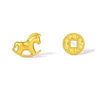 ZHOU LIU FU 24K Gold Stud Earrings Rocking Horse Small Studs Asymmetrical Copper Coin Gold Earring Lucky Wealth Jewellery for Women Her Gifts Birthday New Year Anniversary A0923022