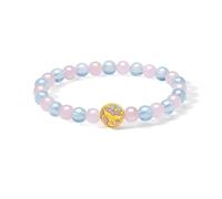 ZHOU LIU FU 24K Solid Gold Aquamarine Bracelet Real Gold Rose Quartz Beaded Bracelets Lucky Fish Round Charm Stretch Bracelets Blue Pink Gemstone Jewelry for Women Mom Daughter 6.7"/17CM A1916147