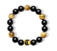 ZHOU LIU FU 24K Solid Gold Beaded Bracelets Black Agate Tiger Eye Beads Stretch Bracelet Blessing Prayer Spiritual Jewelry 6.7"/18CM for Men Husband Son Birthday Special Day Gift A1915271