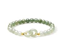 ZHOU LIU FU 24K Solid Gold Bracelet Double Ring Charm Green Jade Beaded Stretch Bracelets Healing Jewelry for Women Mom Daughter Birthday Anniversary 6.7"/17CM Y1913075