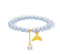 ZHOU LIU FU 24K Solid Gold Bracelet Fish Tail Charm Aquamarine Beaded Bracelets with Pearl Healing Stretch Jewelry for Women Mom Lover Birthday Anniversary 6.7"/17CM J1912295