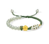 ZHOU LIU FU 24K Solid Gold Flower Bracelet Real Gold Floral Charm Green Jade Natural Gemstone Beads Braided Bracelet Dainty Jewelry for Women Daughter Girlfriends Birthday 6.3-8.7"(16+6cm) Y1714377