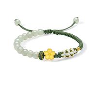 ZHOU LIU FU 24K Solid Gold Flower Bracelets Healing Jade Beads Cherry Blossom Charms Floral Adjustable Braided Bracelet Trendy Jewelry for Women Daughter Birthday Anniversary 6.3-8.7"(16+6cm) Y1714376
