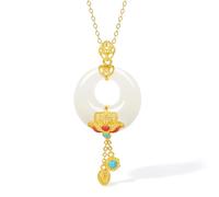 ZHOU LIU FU 24K Solid Gold Pendant Real Pure Gold Lotus White Nephrite Jade Peace Buckle Drop Pendant Enamel Flower Dainty Jewelry for Women Her Anniversary Birthday (Not Include Necklace) Y0414417