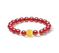 ZHOU LIU FU 24K Solid Gold Red Cinnabar Beaded Bracelet Fengshui Luck Stretch Bracelets Buddha Charm Beads Dainty Jewelry Gifts for Women Mom Lover Friend Yourself Birthday 6.7"/17CM A1914671