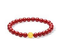 ZHOU LIU FU 24K Solid Gold Red Cinnabar Beaded Bracelet Fengshui Wealth Luck Stretch Bracelets Dainty Jewelry Gifts for Women Lover Friend Yourself Birthday 6.7"/17CM A1914458