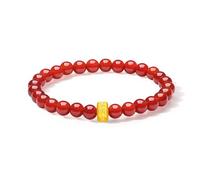 ZHOU LIU FU 24K Yellow Gold Bracelet Red Agate Bracelets Six True Words Mantra Charm Beaded Bracelet Spiritual Chinese Jewelry for Couple Women Men Her Birthday Special Day 6.7" /17cm Stretch A1914657