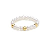 ZHOU LIU FU Natural Pearl Ring 18CT 750 Yellow Gold Ring Adjustable Ring Stretch Beaded Ring Real Freshwater Pearl Ring for Her Women Lady Mum Anniversary Birthday Heart Lucky Ingot (3 Gold Beads)