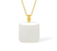 ZHOU LIU FU Nephrite Jade Pendant 18K Gold White Jade Square Pendants Only Charm Handcrafted Healing Jewellery Gifts for Women Minimalist Birthday Anniversary (Not Include Necklace) Y0416346