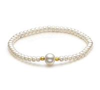 ZHOU LIU FU White Freshwater Pearl Bracelet Pearl Stretch Bracelet with 18CT 750 Yellow Gold Ball Cultured PearlStretchable Bracelet 16-19cm with Box for Women LadyMom Lover (16cm/6.3inch)