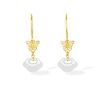 ZHOU LIU FU White Jade Dangle Earrings 24K Gold Hollow Butterfly Ruyi Jade Drop Earring Healing Gemstone Natural Dainty Jewelry for Women Her Mom Daughter Anniversary Birthday Present Y0914874