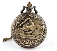 ZHOUBA Vintage Brass Rib Chain Antique Case Steam Train Pattern Quartz Pocket Watch Necklace Gift # 01