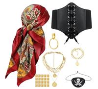ZhouBoat 26Pcs Pirate Costume Accessories Set with Pirate Head Scarf Corset Eye Patch Necklace Bracelet Earrings Dreadlock Beads for Cosplay Party