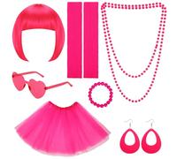 ZhouBoat 7Pcs Women Party Wigs Set with Short Bob Wig Tutu Skirt Glasses Leg Sleeves Jewelry for Bachelorette Party Halloween Cosplay (Rose red)