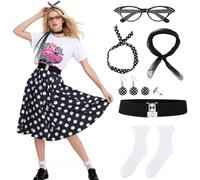 ZhouBoat 9Pcs Sock Hop Outfits Women, 50s Women Outfit, 1950 Poodle Skirt T-Shirt with 50s Accessories for Halloween Costumes, Multicolor, Large