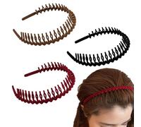 Zhouocea 3 PCS Flocking Hair Hoops Retro Teeth Comb Headband Wave Headband Comb Non-Slip Beaded Hairband for Girls and Women（Red+Black+Brown）