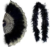 Zhoushen 2Pieces Retro Feathered Fan Set with Black Feathered Boas Ensembles Accessory Ideal for Costumes and Stage Property