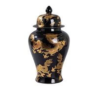 ZHOUXIAO Chinese Tradition Ginger Jar Vases With Lid and Gold Dragon Pattern, Porcelain Jar Large Ceramic Temple Jar Vase Handicraft With Lid Decorative for Home Decor black-M