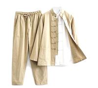 ZHOUXIAO Cotton Linen Martial Arts Jacket Pants Men Kung Fu Uniforms Long Sleeved Coats Shirt,Tang Suit Chinese Traditional Clothes,Tai Chi Clothes Zen Meditation Uniform yellow-XL