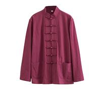 ZHOUXIAO Loose Tai Chi Uniform Men Chinese Traditional Kung Fu Clothes Cotton Linen Wing Chun Clothes, Long SleeveTang Suit Hanfu Jacket Shirt Coat Martial Arts Suit red-8XL