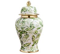 ZHOUXIAO Modern Ceramic Ginger Jar With Lid Green Leaf Pattern, Traditional Decorative Porcelain Jars Temple Jar With Lids, Flower Vases Decor for Living Room Shelf Bookshelf L