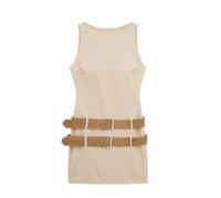 ZHOUXYFDC Sleeveless Dresses for Women Women Mini Dress with Double Belt Sexy Slim O Neck Sleeveless Short Dresses Casual Female High Street Vestidos(Khaki,M)