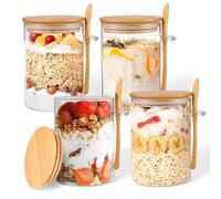 ZhouZGlass 16oz Overnight Oats Containers with Lids, Overnight Oats Jars with Spoons and Stickers, Leak-Proof Salad Meal Prep Jar for Cereal, Yogurt, Chia Pudding (4 PCS)