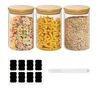 ZhouZGlass 3 Pack Glass Storage Jars with Bamboo Lid, Airtight Food Storage Jar with Labels, Round Clear Container for Candy, Cookie, Coffee Beans, Snacks, Spices (1000ML)