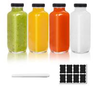 ZhouZGlass 4 pcs Juice Bottles, Clear Glass Jars with Lids, Reusable Square Beverages Drinking Jars with Tamper-Proof Black Caps for Travel Milk Water Tea Kombucha Smoothie Boba (500ML)