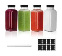 ZhouZGlass 4 pcs Juice Bottles, Clear Glass Jars with Lids, Reusable Square Beverages Drinking Jars with Tamper-Proof Black Caps for Travel Milk Water Tea Kombucha Smoothie Boba (250ML)