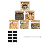 ZhouZGlass Glass Food Storage Jars Set of 6, Square Containers with Bamboo Lids, Pantry Organization Jar, Spice, Tea, Coffee and Sugar Container, Small Canister Set for Kitchen (350ml*6)