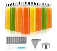 ZhouZGlass Glass Juice Bottles with Lids for Juicing 500ml, Reusable Clear Glass Water Bottles with Stainless Steel Airtight Cap for Refrigerator, 100% Leak Proof, BPA Free, Set of 8