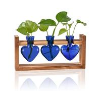 ZhouZGlass Plant Propagation Station for Office Decor, Wooden Stand Tabletop Planter 3 Bulb Glass Vase Heart Shaped for Hydroponics Indoor Home, Birthday Gifts for Women Mom Grandma (Blue)