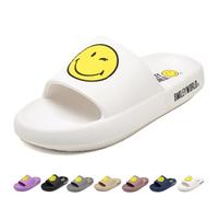 ZHPTO SmileyWorld Cloud Slides for Women and Men Smile Face Pillow Slippers Non Slip Quick Drying Shower Shoes EVA Flat Sandals, White, 12 Women/10 Men