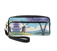 ZhRiYan beautiful river windmill Print Leather Small Makeup Bag â€“ Travel Toiletry Bag for Women, Reusable Cosmetic Pouch with Zipper, Black, One Size, Black, One Size