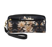 ZhRiYan Bohemian Golden Lotus Print Leather Small Makeup Bag – Travel Toiletry Bag for Women, Reusable Cosmetic Pouch with Zipper, Black, One Size, Black, One Size
