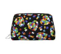 ZhRiYan Gold Leather Makeup Bag - Travel Cosmetic Autism Awareness Puzzle Pieces Heart Print Bags with Zipper, Portable Toiletry Organizer for Daily Use, Silver, One Size