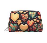 ZhRiYan Gold Leather Makeup Bag - Travel Cosmetic Colorful hearts Print Bags with Zipper, Portable Toiletry Organizer for Daily Use, Silver, One Size