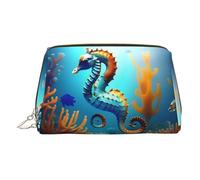 ZhRiYan Gold Leather Makeup Bag - Travel Cosmetic Seabed coral seahorse Print Bags with Zipper, Portable Toiletry Organizer for Daily Use, Gold, One Size