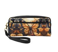 ZhRiYan orange yellow butterfly field flowers Print Leather Small Makeup Bag â€“ Travel Toiletry Bag for Women, Reusable Cosmetic Pouch with Zipper, Black, One Size, Black, One Size